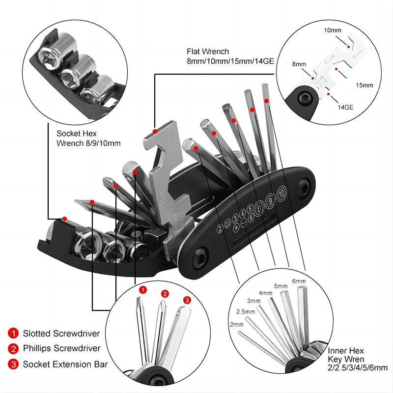 Mountain Bike Portable Socket, Multipurpose Wrench, Bicycle Multi Tool, Screwdriver, Motorcycle Repair Tools, 16 in 1