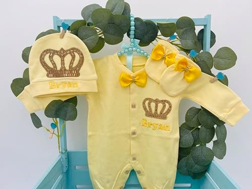 Personalized Baby Boy 3-Piece Romper Hat Mittens Set