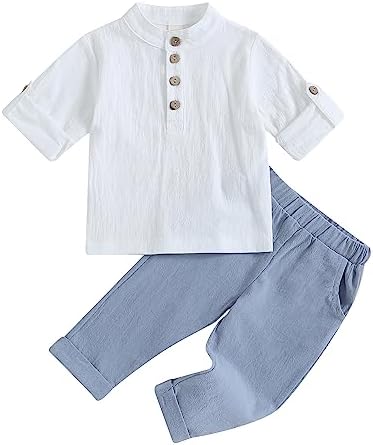 Littlegentleman toddler boys cotton linen henley shirt and pants set