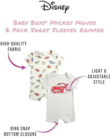 Disney Baby Boys Romper 2 Pack - Cozy Fleece with Snap Closure