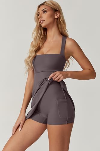 QINSEN Womens Square Neck Tennis Dress with Built-in Shorts