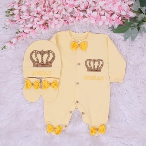 Personalized Baby Boy 3-Piece Romper Hat Mittens Set