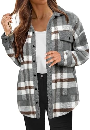 Fuzzy Warm Plaid Lapel Collared Long Sleeve Sherpa Jacket