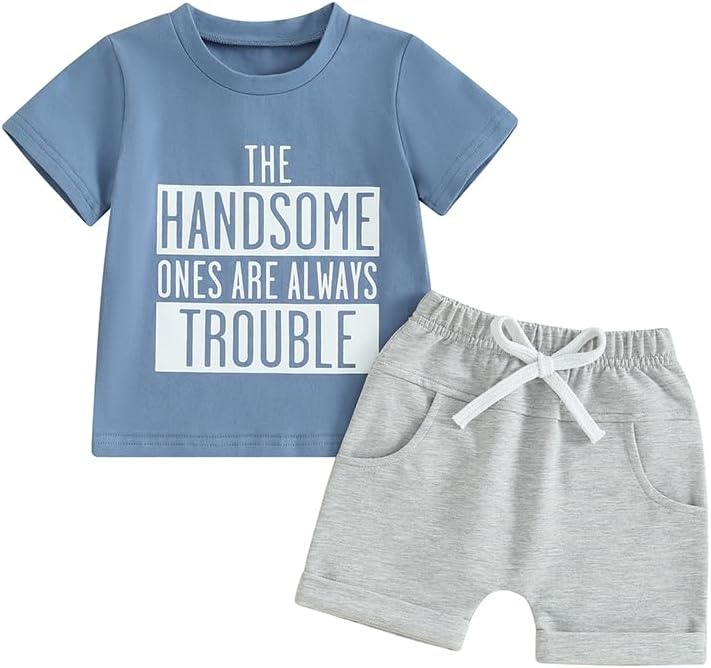 Cute toddler boys summer outfit set with short sleeves and casual pants
