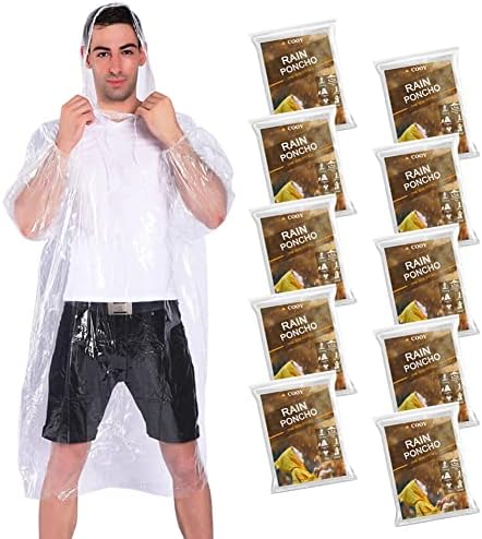 COOY Disposable Rain Ponchos 10-Pack with Drawstring Hood