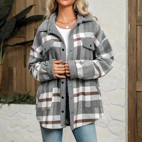 Fuzzy Warm Plaid Lapel Collared Long Sleeve Sherpa Jacket