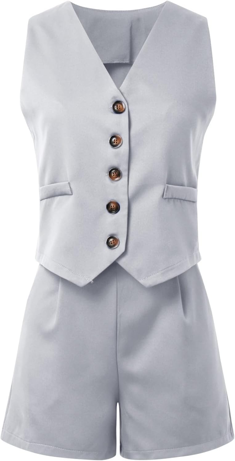 Sfascumop Womens Summer 2-Piece Outfit - V-neck Vest Shorts Set