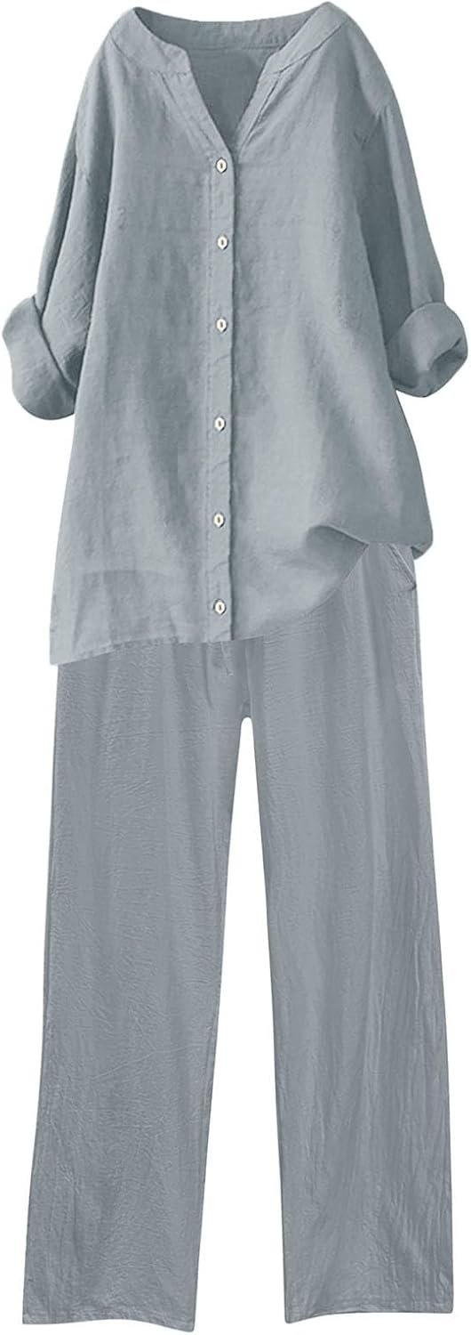 34 Sleeve Linen Romper Set for Women