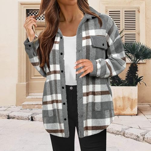 Fuzzy Warm Plaid Lapel Collared Long Sleeve Sherpa Jacket