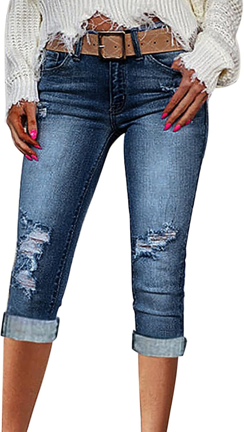 City Chic Crop Skinny Jeans for Women Raw Hem Ripped Distressed Denim