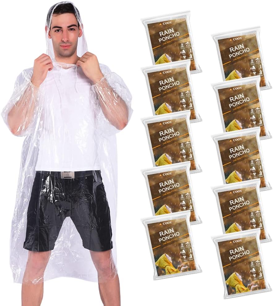COOY Disposable Rain Ponchos 10-Pack with Drawstring Hood
