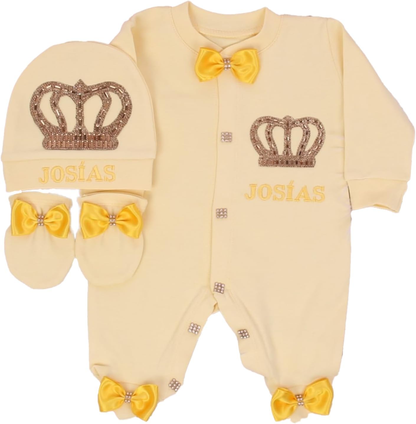 Personalized Baby Boy 3-Piece Romper Hat Mittens Set