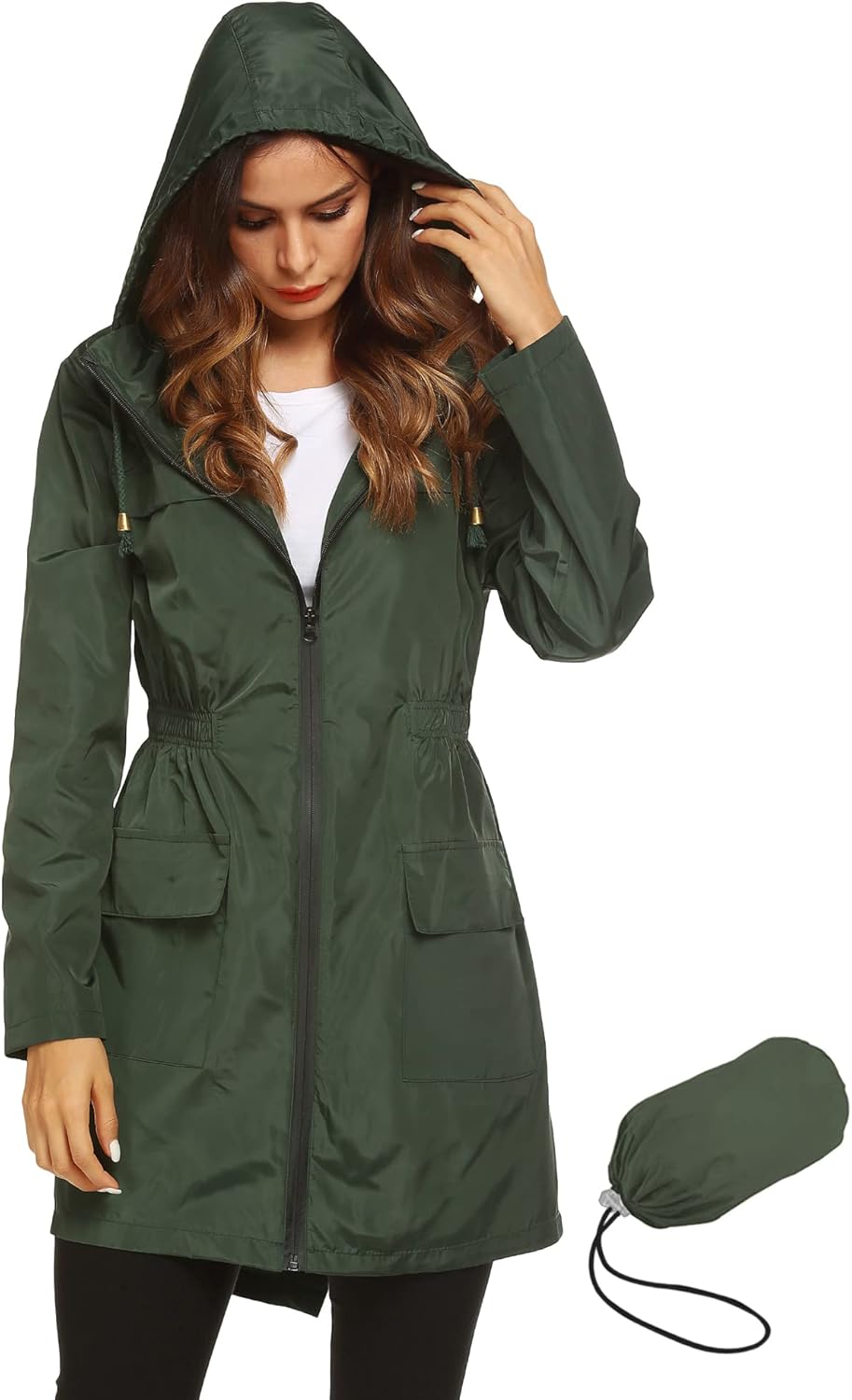 Quick-Dry Waterproof Breathable Womens Rain Jacket with Elastic Waist and_drawstring
