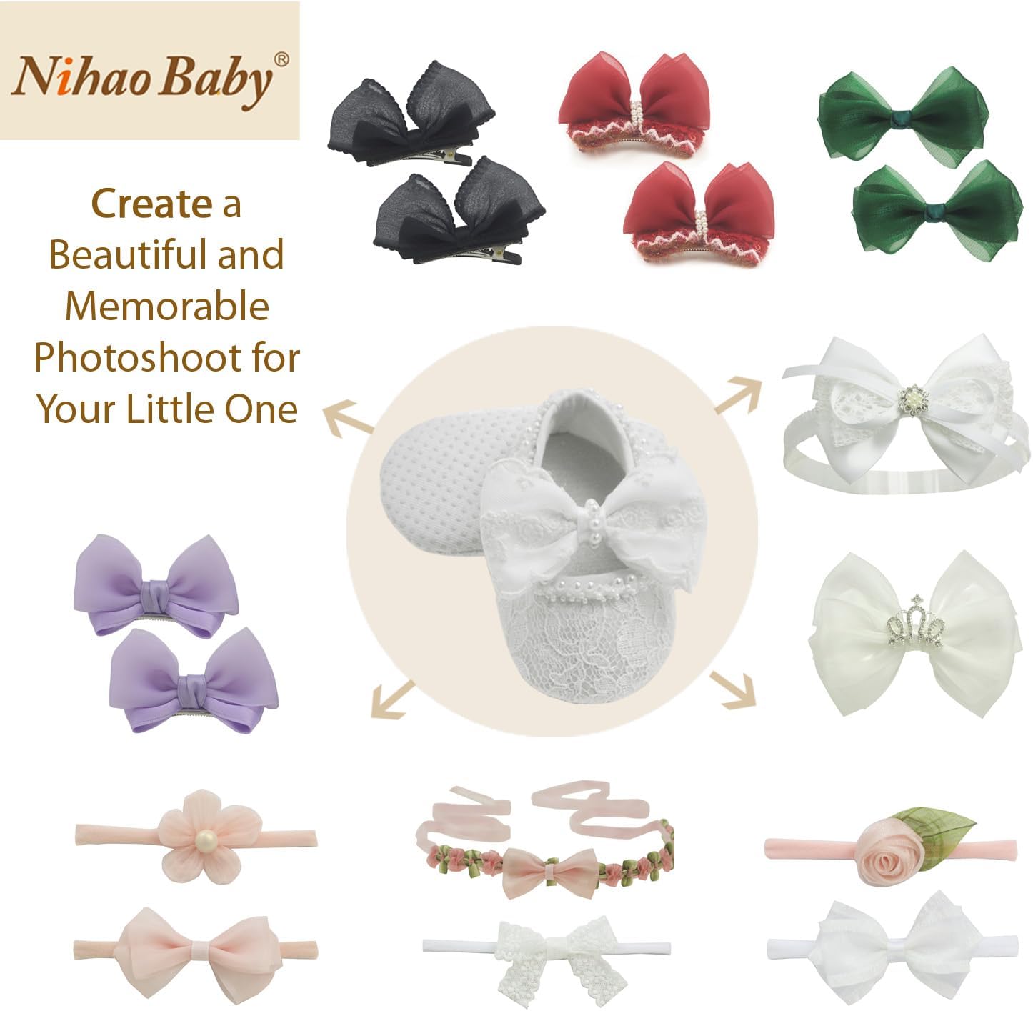 Nihao Baby Girls Baptism Christening White Shoes Headband Set