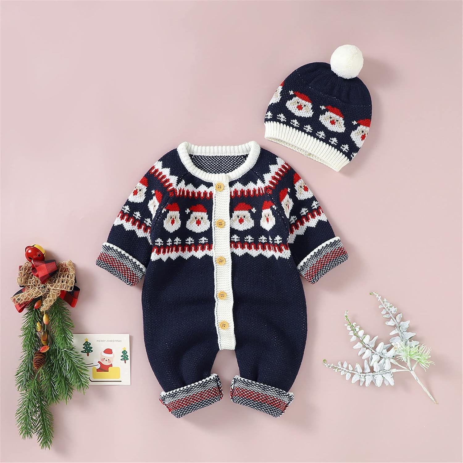 Perfect Christmas Gift Coziest Baby Sweater Santa Knit Romper Set