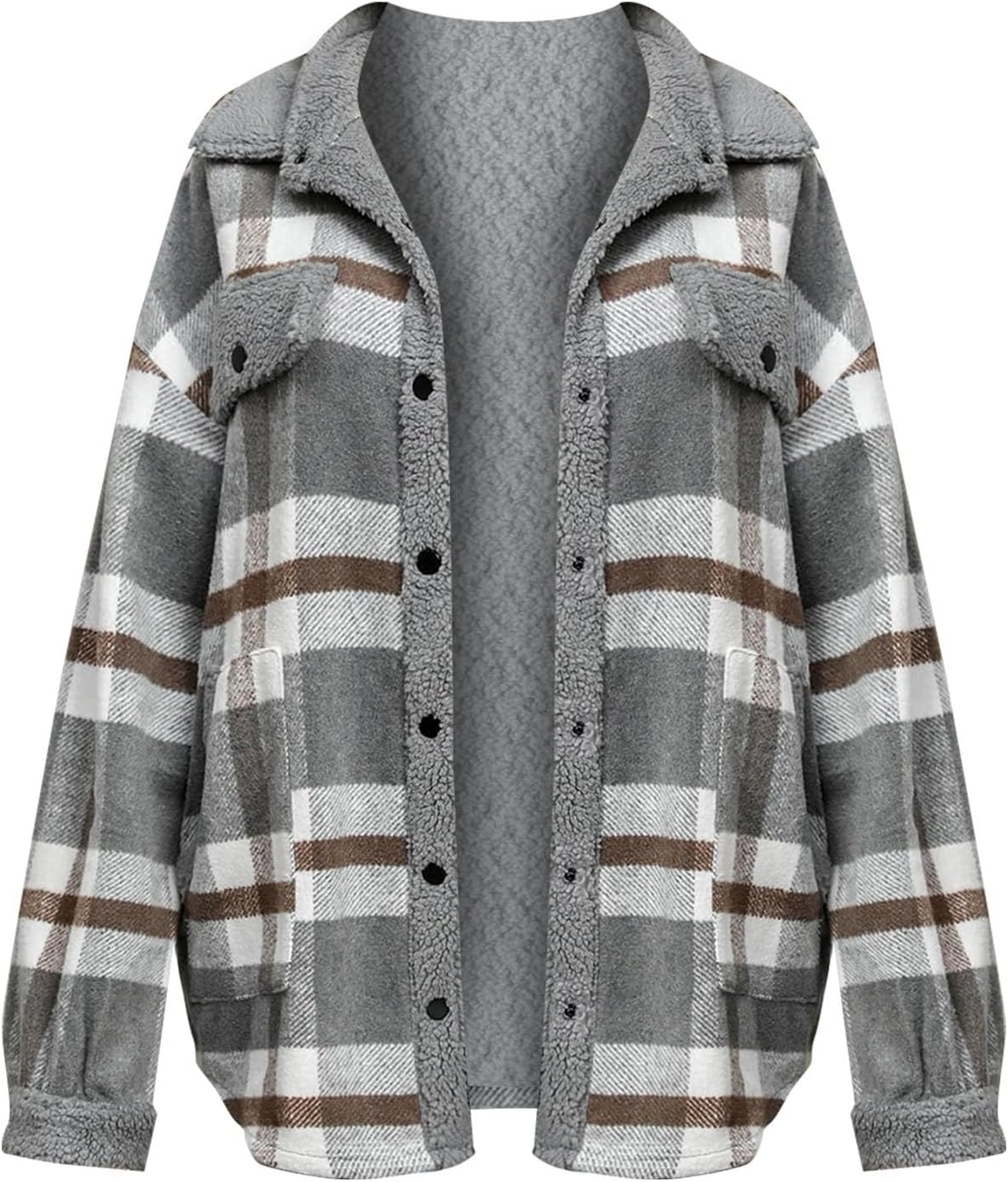 Fuzzy Warm Plaid Lapel Collared Long Sleeve Sherpa Jacket