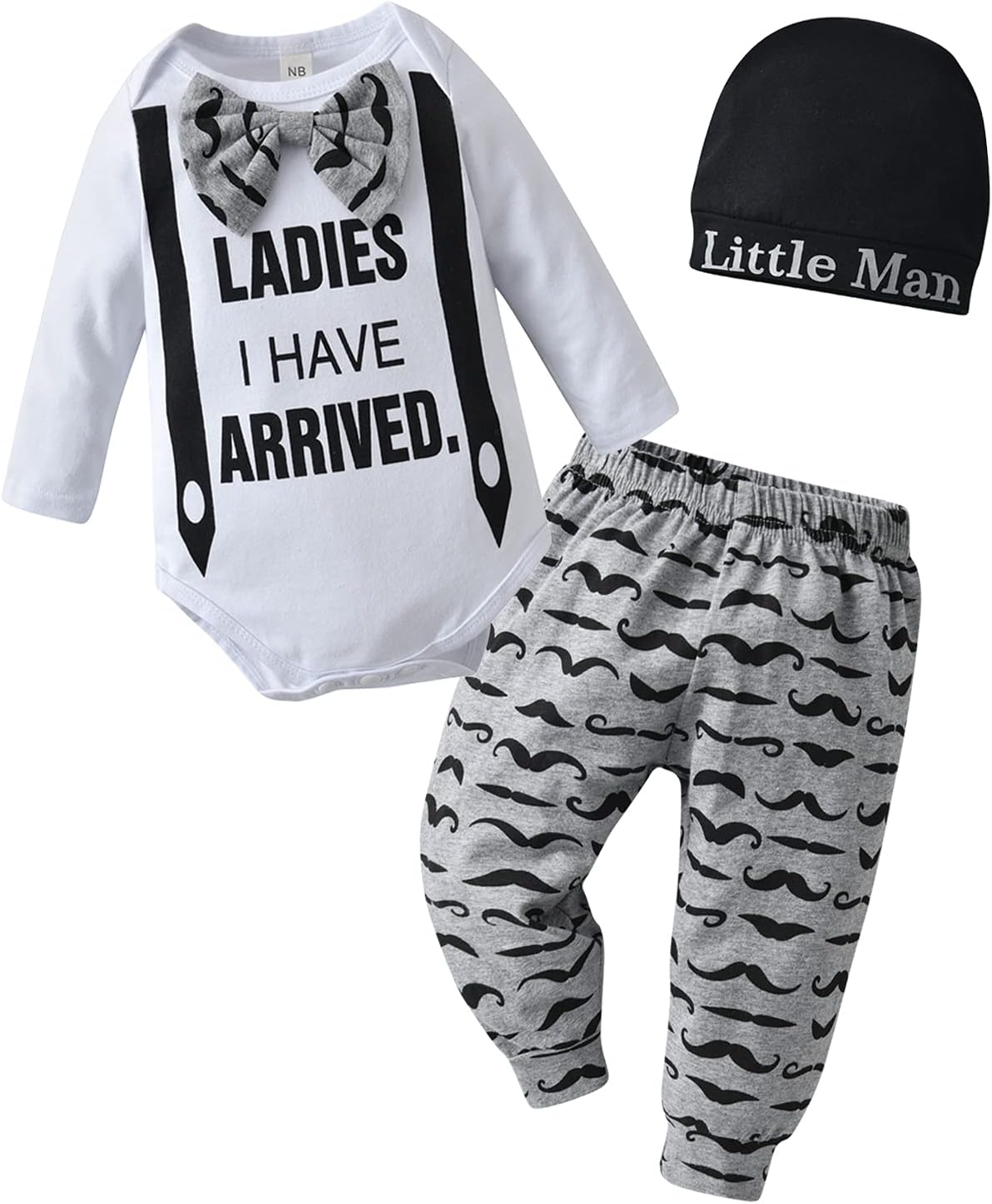 KuKitty Long Sleeve Romper Pants Hat 3PCS Outfits Set