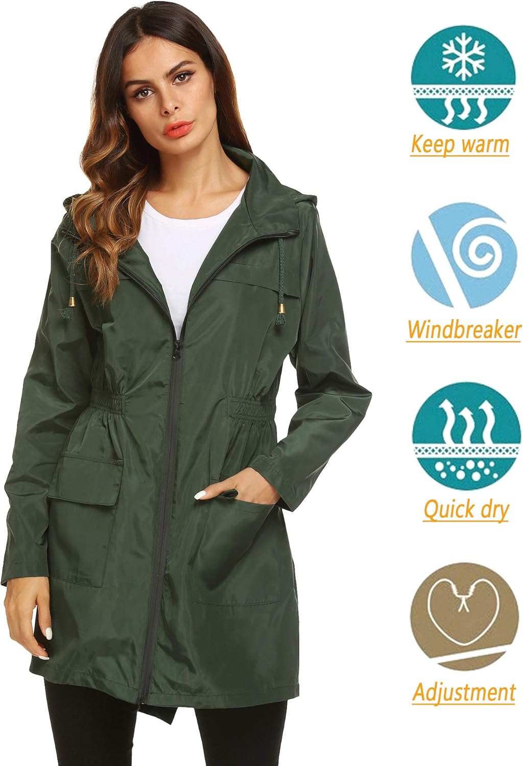Quick-Dry Waterproof Breathable Womens Rain Jacket with Elastic Waist and_drawstring