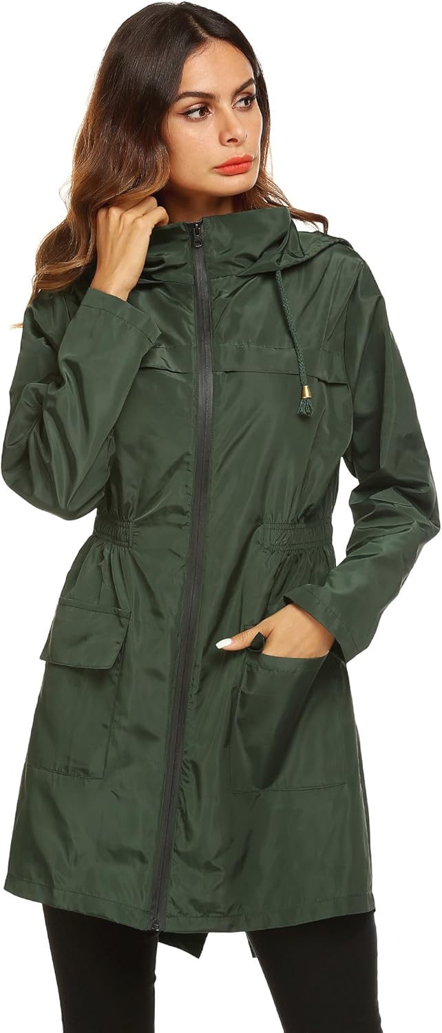 Quick-Dry Waterproof Breathable Womens Rain Jacket with Elastic Waist and_drawstring