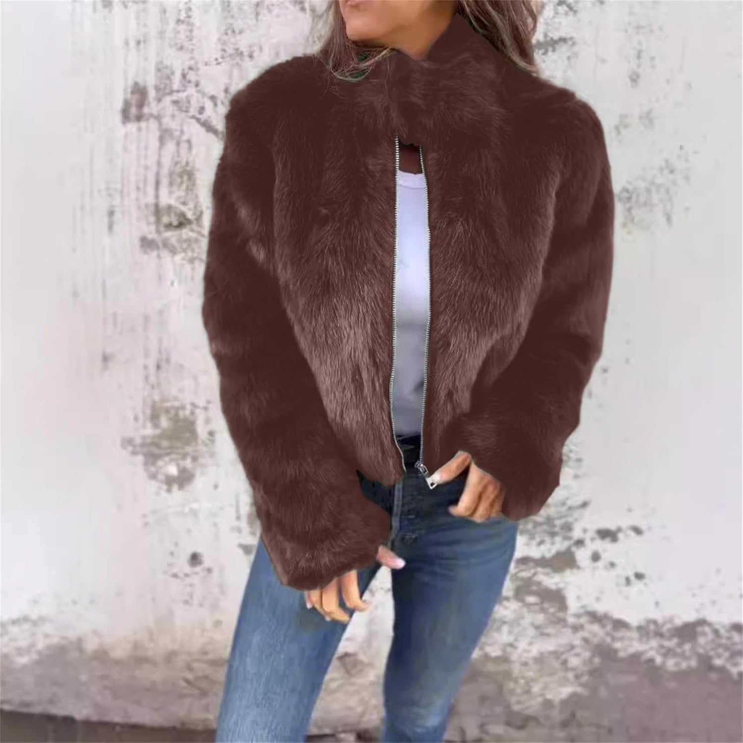 Fluffy Faux Fur Jacket Zip-Up 2024 Winter Cardigan