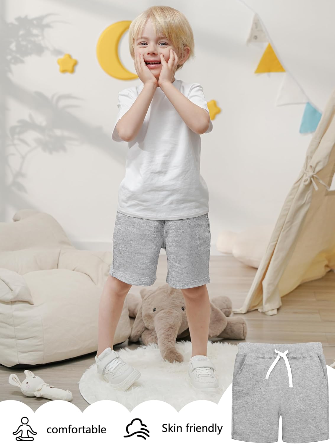 Resinta 4-Pak Toddler Boys Cotton Shorts Summer Essentials Elastic Waist Drawstring