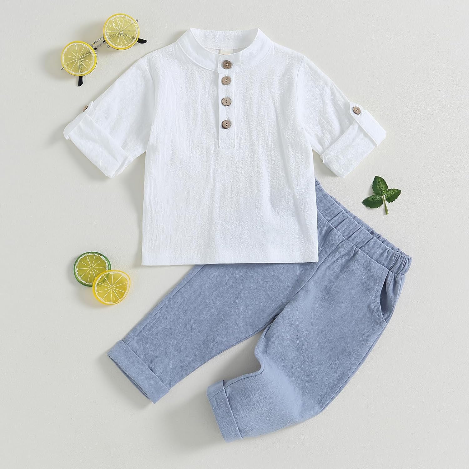 Littlegentleman toddler boys cotton linen henley shirt and pants set
