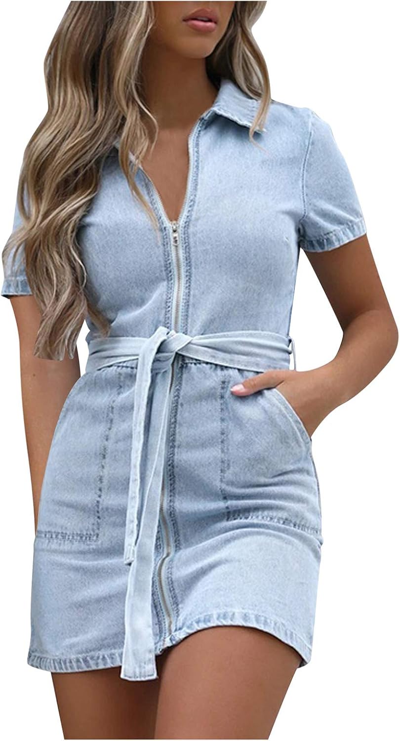Chic Blue Chambray Denim Dress for Women Bodycon Mini Top