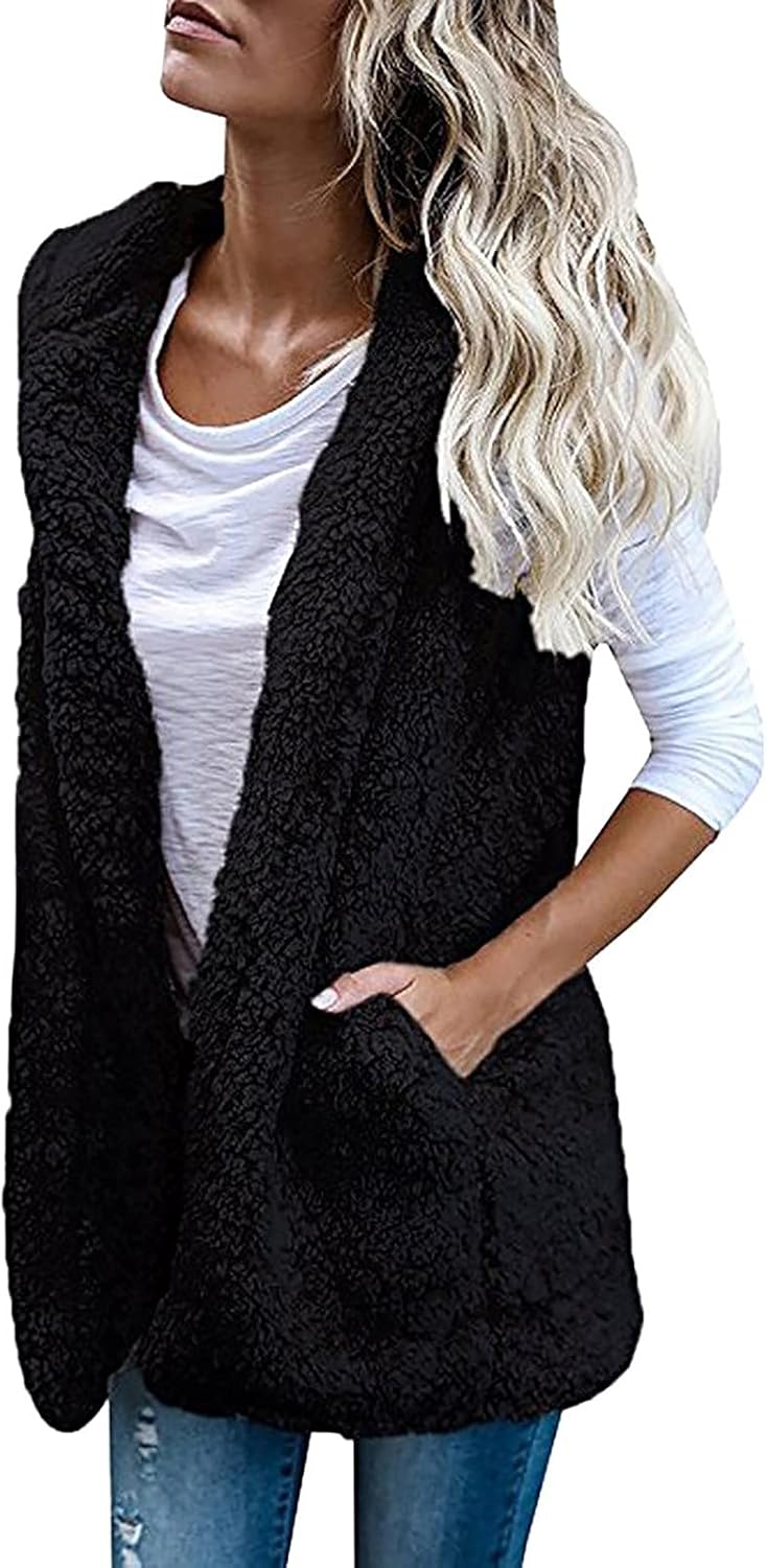 2023 Womens Sherpa Jacket Vest Casual Lapel Fleece Fuzzy Coat Sleveless Outwear