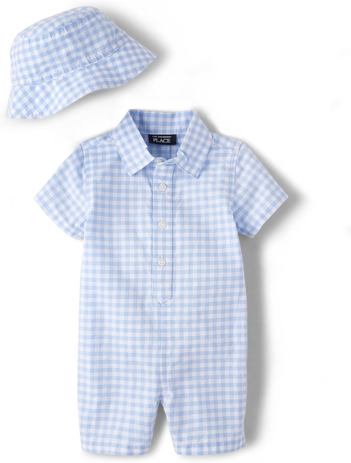 The Childrens Place Baby Romper Gingham Hat Set 2-Piece
