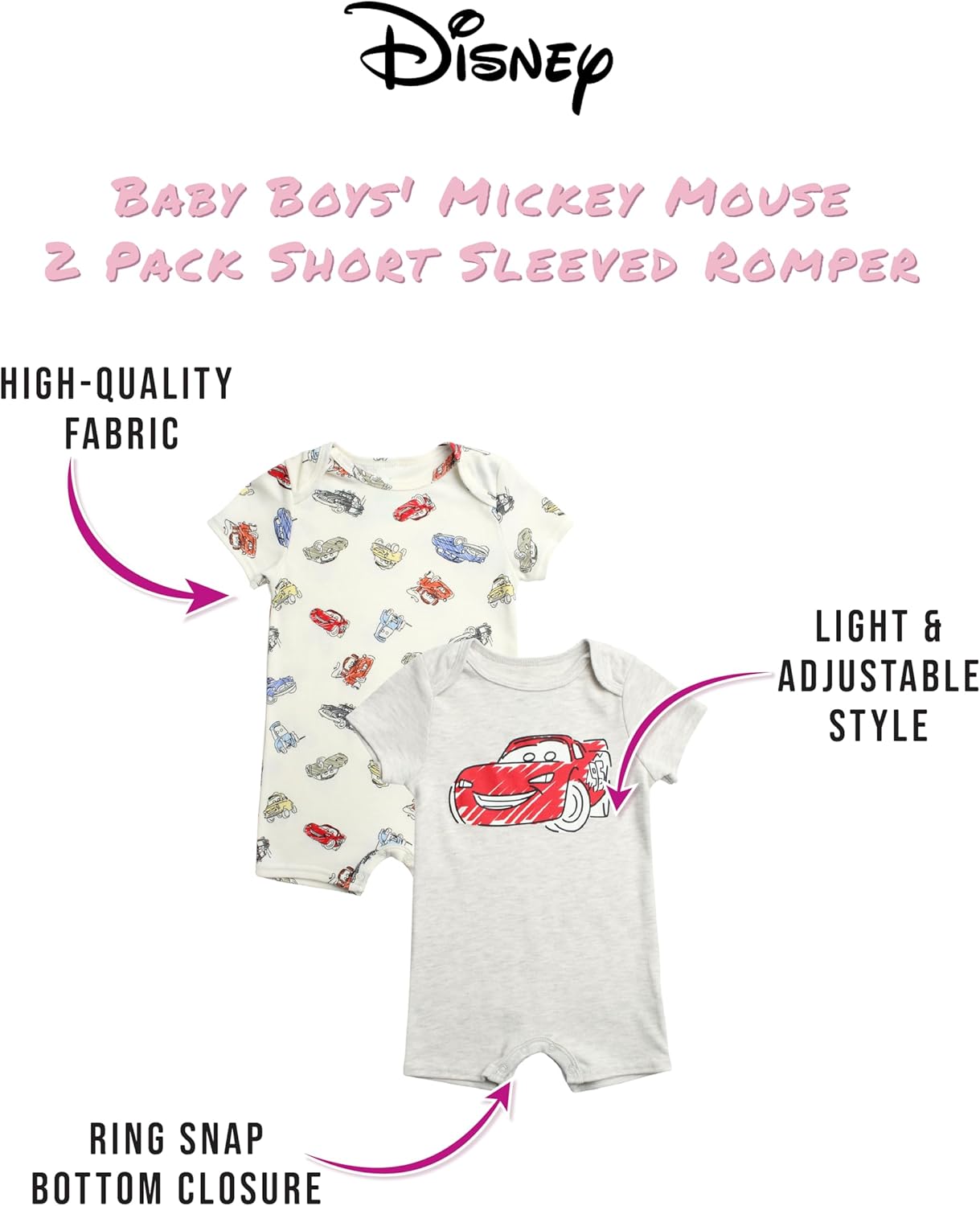 Disney Baby Boys Romper 2 Pack - Cozy Fleece with Snap Closure