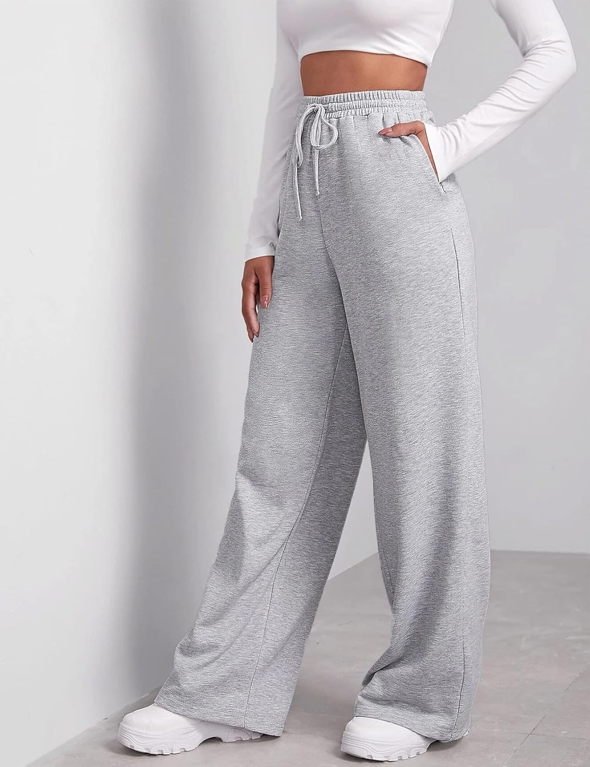 Wide Leg sweatpants for women Elastic High Waist Slimming Fit Pocket Design