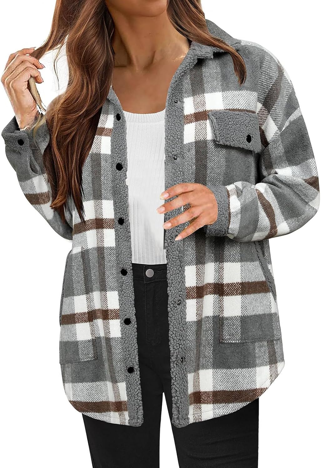 Fuzzy Warm Plaid Lapel Collared Long Sleeve Sherpa Jacket