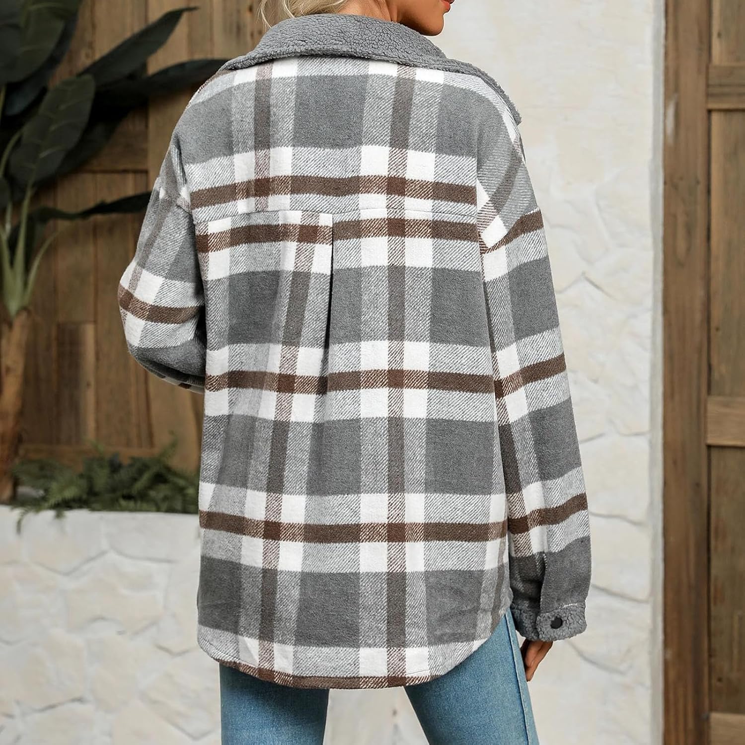 Fuzzy Warm Plaid Lapel Collared Long Sleeve Sherpa Jacket