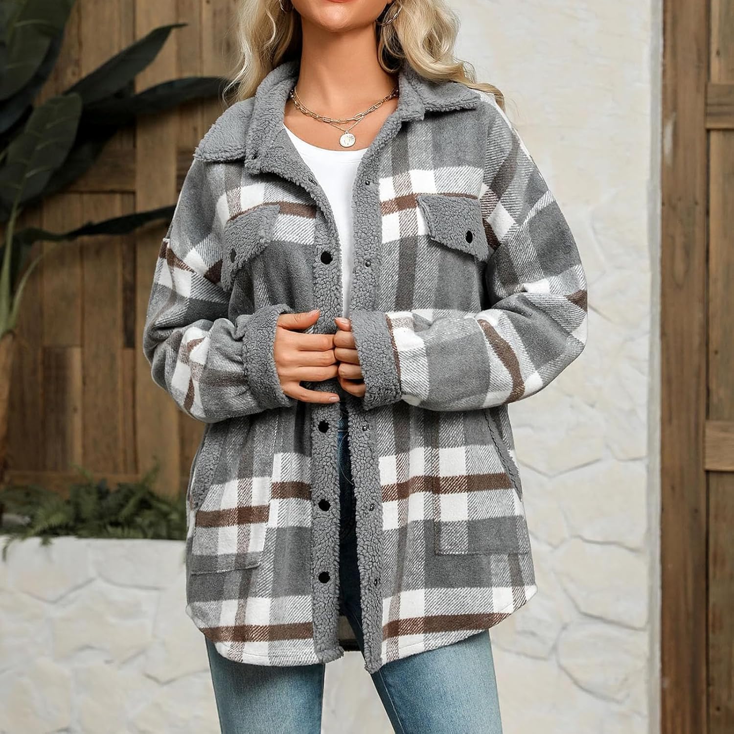 Fuzzy Warm Plaid Lapel Collared Long Sleeve Sherpa Jacket