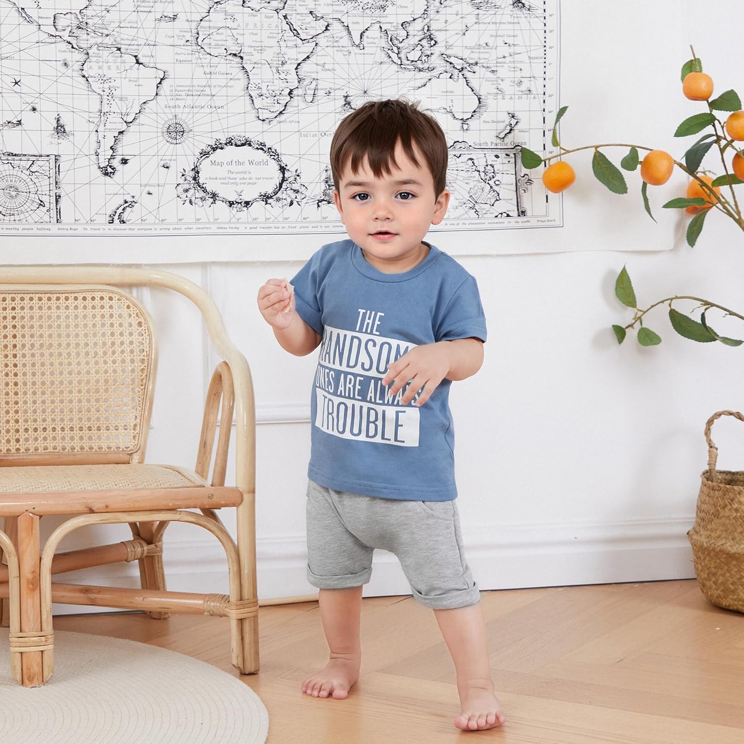 Cute toddler boys summer outfit set with short sleeves and casual pants