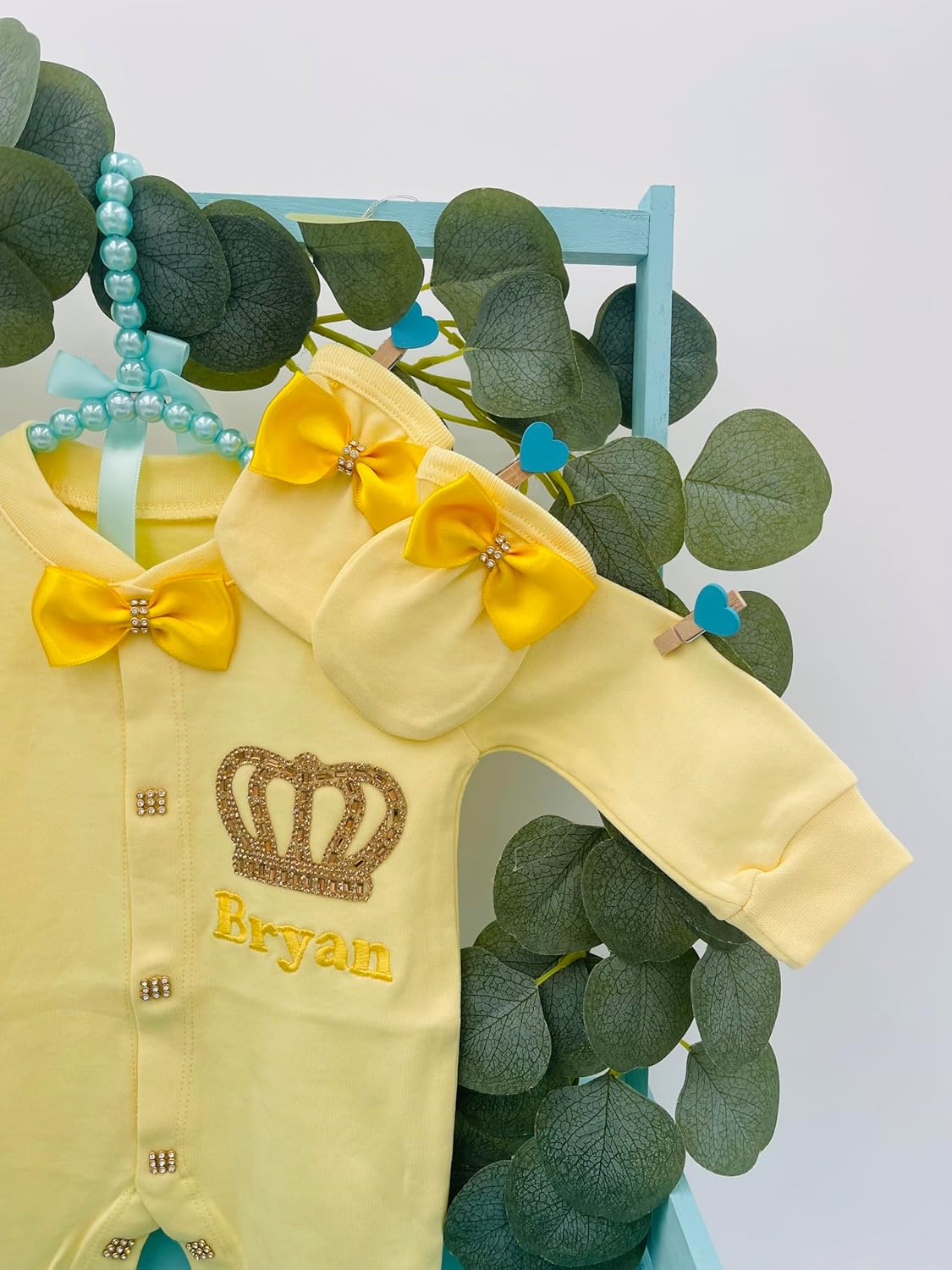 Personalized Baby Boy 3-Piece Romper Hat Mittens Set