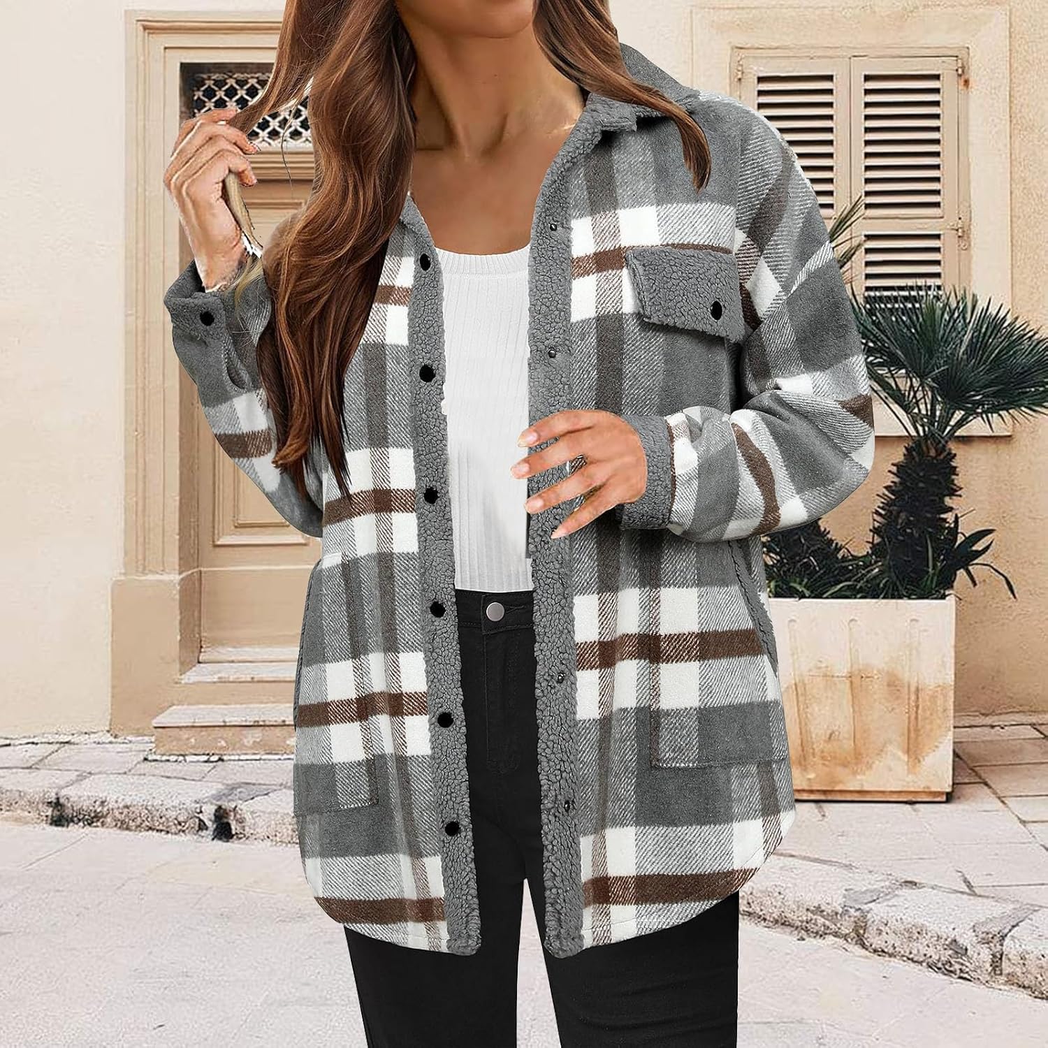 Fuzzy Warm Plaid Lapel Collared Long Sleeve Sherpa Jacket