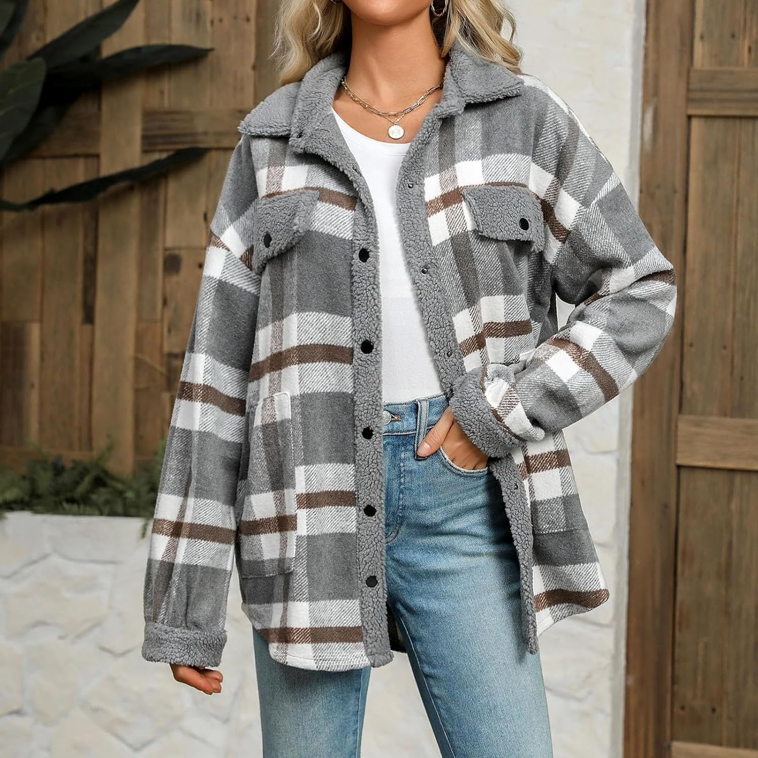 Fuzzy Warm Plaid Lapel Collared Long Sleeve Sherpa Jacket