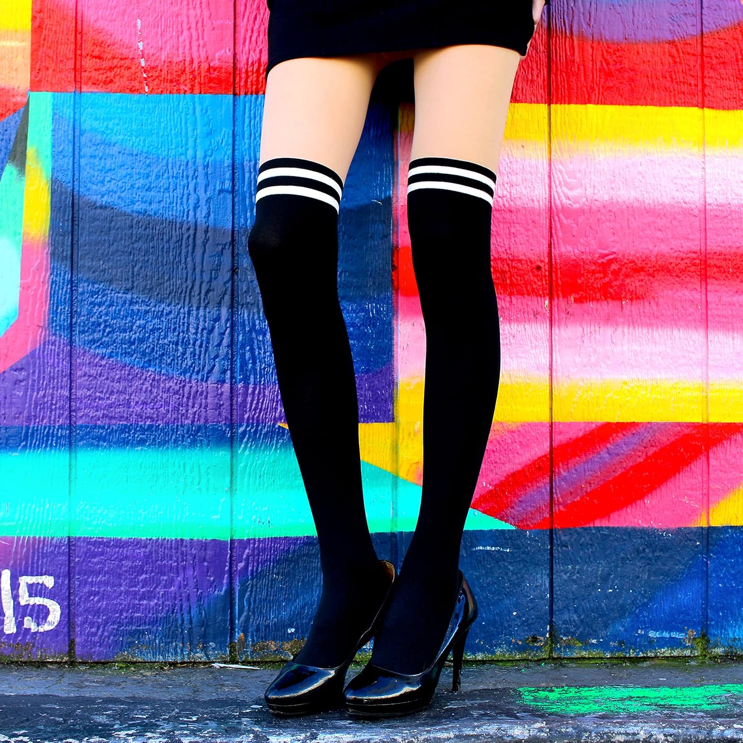 Millennials In Motion - Stripped Thigh High Socks Tights