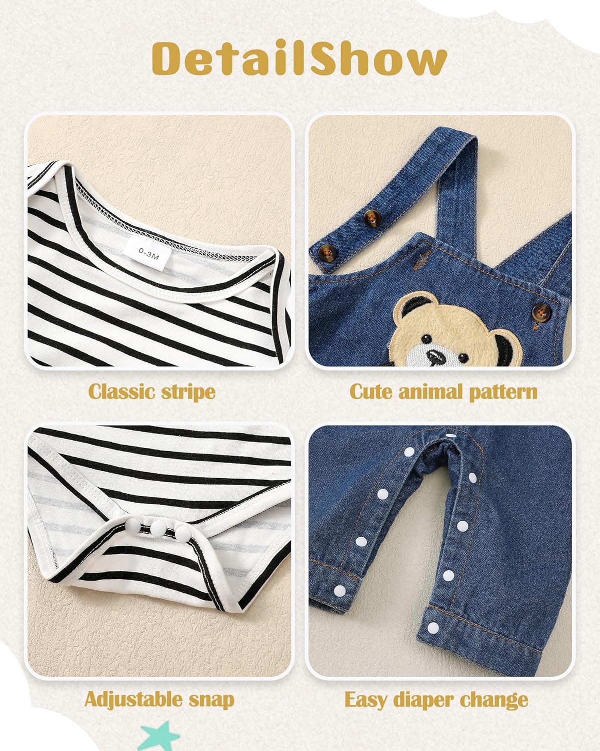 NZRVAWS Newborn Boy Stripe Animal Romper Overalls 0-18